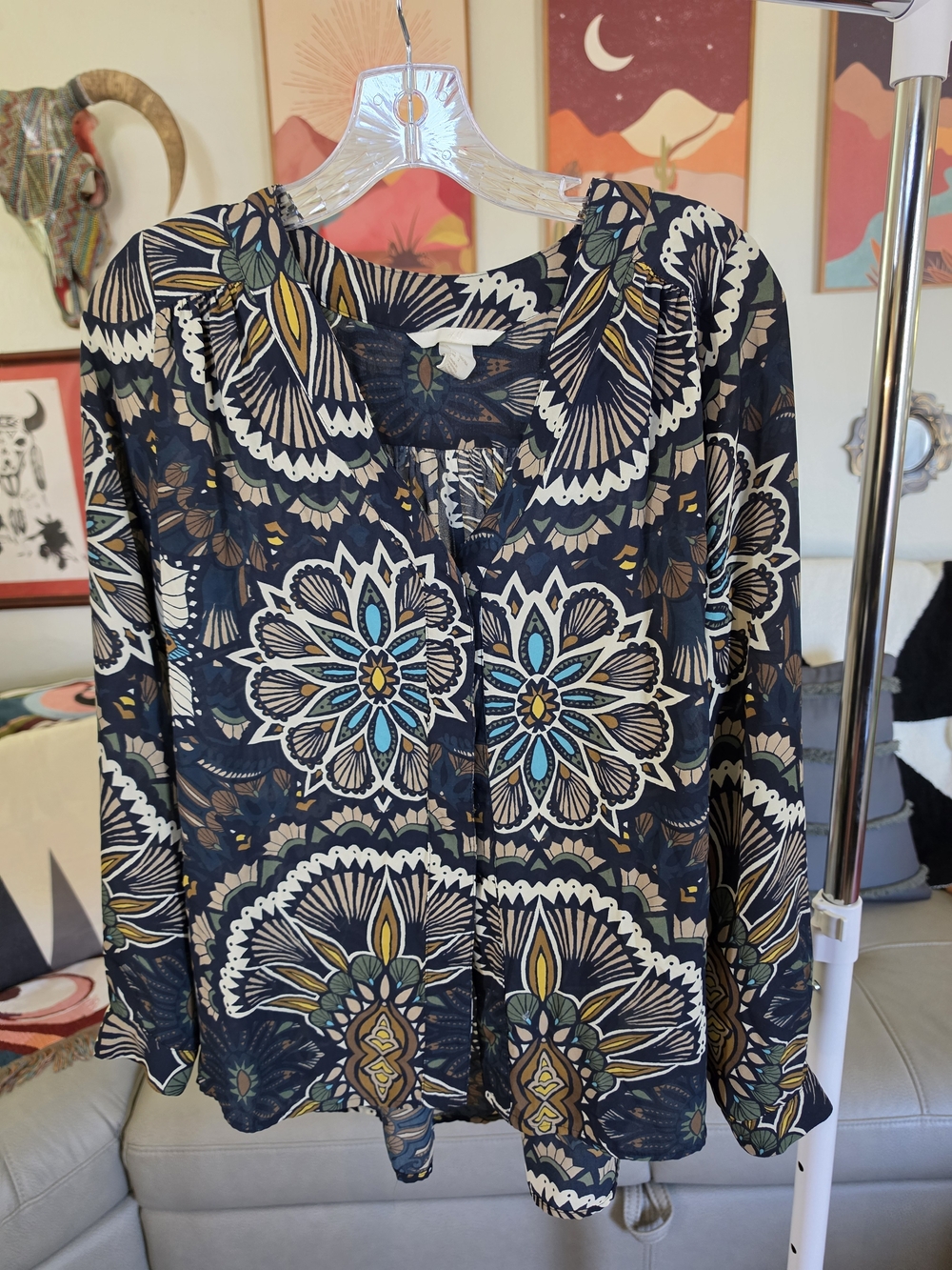 H&M Navy Floral Medallion Button-Front Blouse